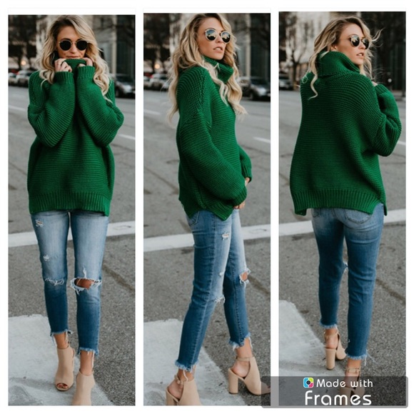 Green Extra Thick & Chunky Turtleneck Knit Sweater - Picture 4 of 9
